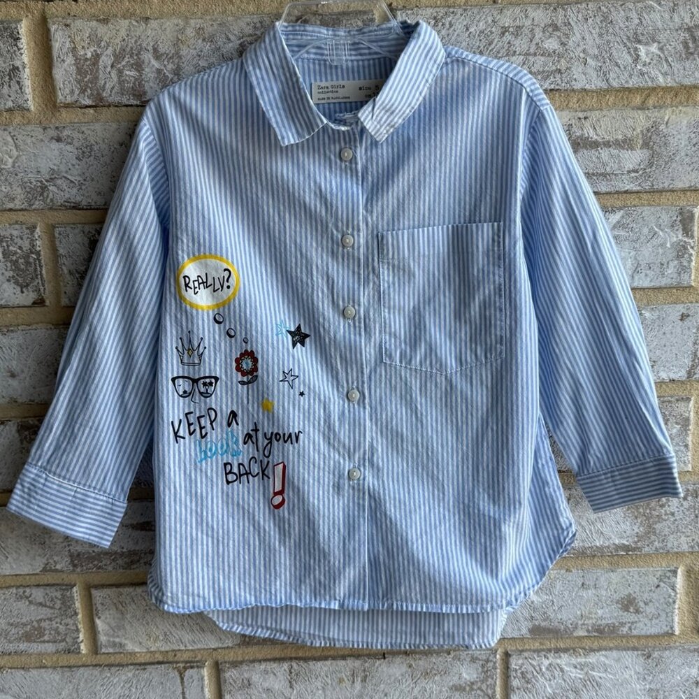 Zara Girls Long Sleeve Button Up Shirt With Wording Girl's Size 5.